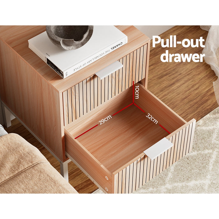 Nordic Fluted Bedside Table – Pine &amp; White Two-Tone 2 Drawers Metal Legs - Greenora Living