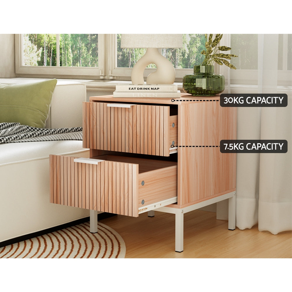Nordic Fluted Bedside Table – Pine &amp; White Two-Tone 2 Drawers Metal Legs - Greenora Living