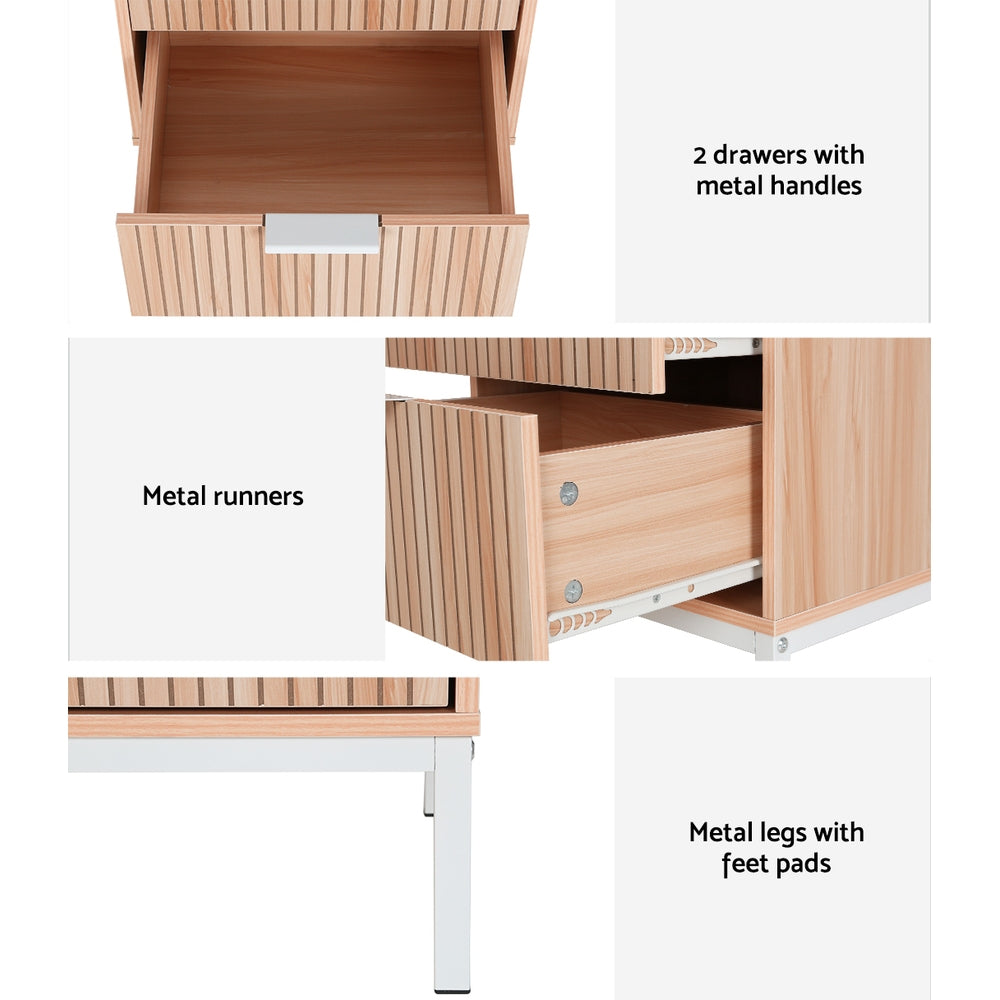 Nordic Fluted Bedside Table – Pine &amp; White Two-Tone 2 Drawers Metal Legs - Greenora Living