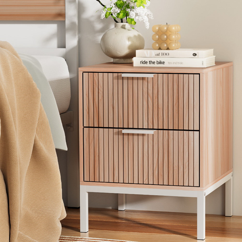 Nordic Fluted Bedside Table – Pine & White Two-Tone 2 Drawers Metal Legs - Greenora Living