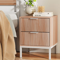 Nordic Fluted Bedside Table – Pine & White Two-Tone 2 Drawers Metal Legs - Greenora Living