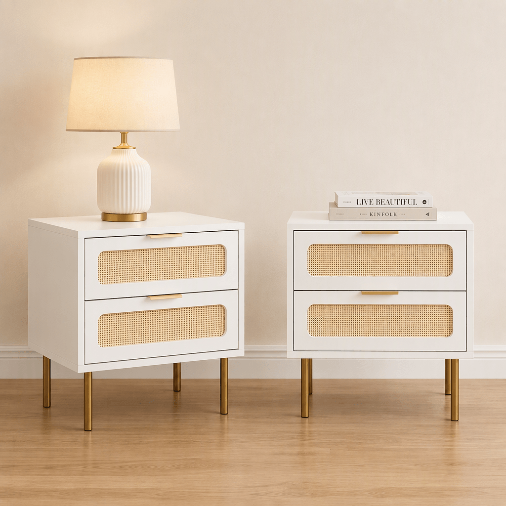 White Rattan-Look Bedside Tables with 2 Drawers – Set of 2, 48cm