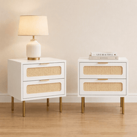 White Rattan-Look Bedside Tables with 2 Drawers – Set of 2, 48cm