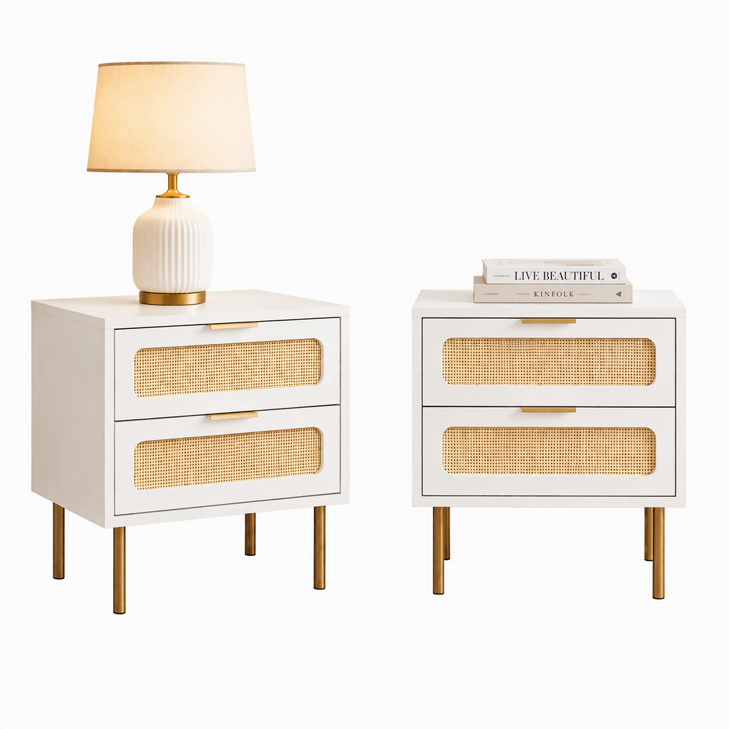 White Rattan-Look Bedside Tables with 2 Drawers – Set of 2, 48cm – product view 3