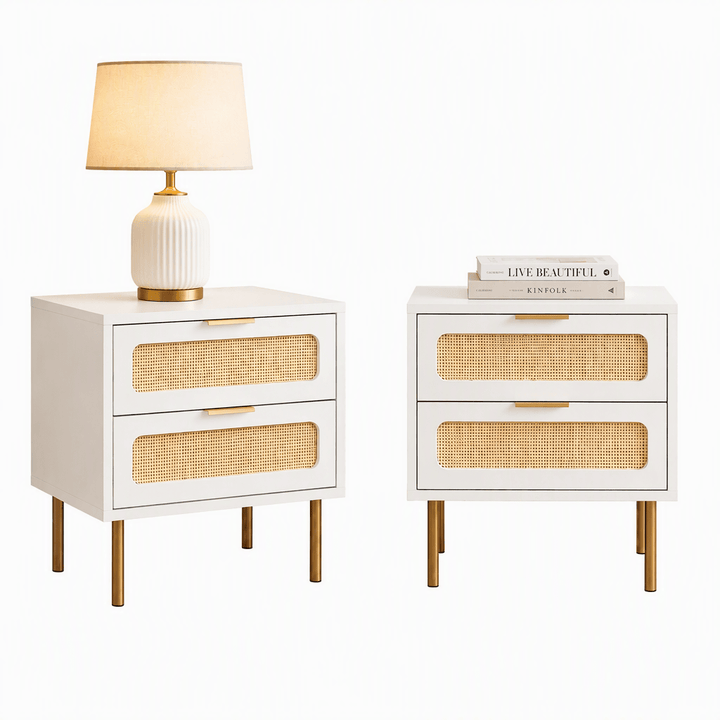 White Rattan-Look Bedside Tables with 2 Drawers – Set of 2, 48cm – product view 3