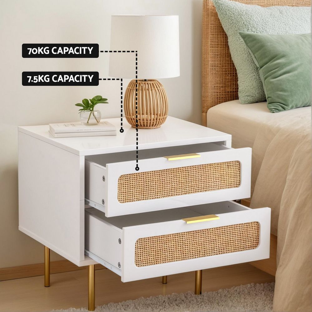 White Rattan-Look Bedside Tables with 2 Drawers – Set of 2, 48cm – product view 2