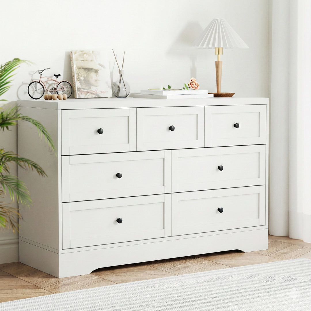 Alba 7-Drawer White Dresser with Wall Attachment