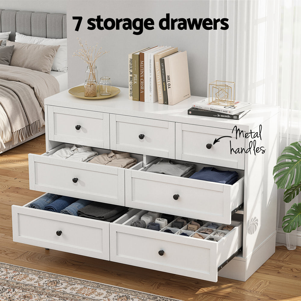 Alba 7-Drawer White Dresser with Wall Attachment – product view 2