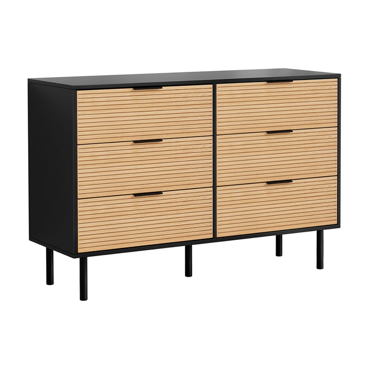 Fluted 6-Drawer Lowboy Dresser – Scratch-Resistant Melamine | Metal Legs &amp; Handles | Black &amp; Pine - Greenora Living