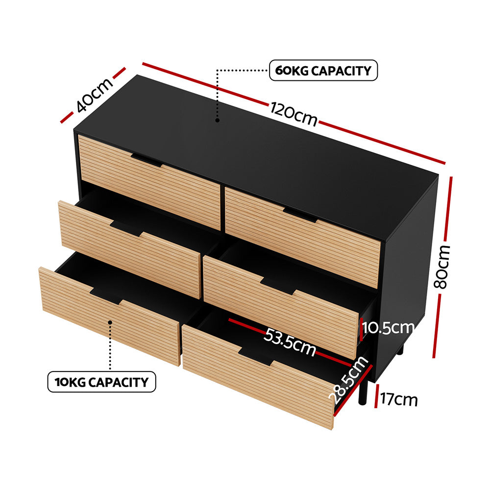 Fluted 6-Drawer Lowboy Dresser – Scratch-Resistant Melamine | Metal Legs & Handles | Black & Pine - Greenora Living