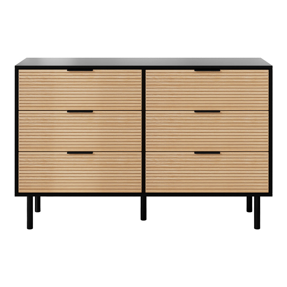 Fluted 6-Drawer Lowboy Dresser – Scratch-Resistant Melamine | Metal Legs &amp; Handles | Black &amp; Pine - Greenora Living