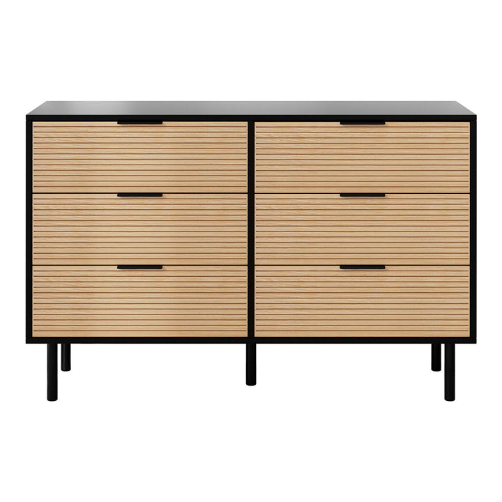 Fluted 6-Drawer Lowboy Dresser – Scratch-Resistant Melamine | Metal Legs &amp; Handles | Black &amp; Pine - Greenora Living