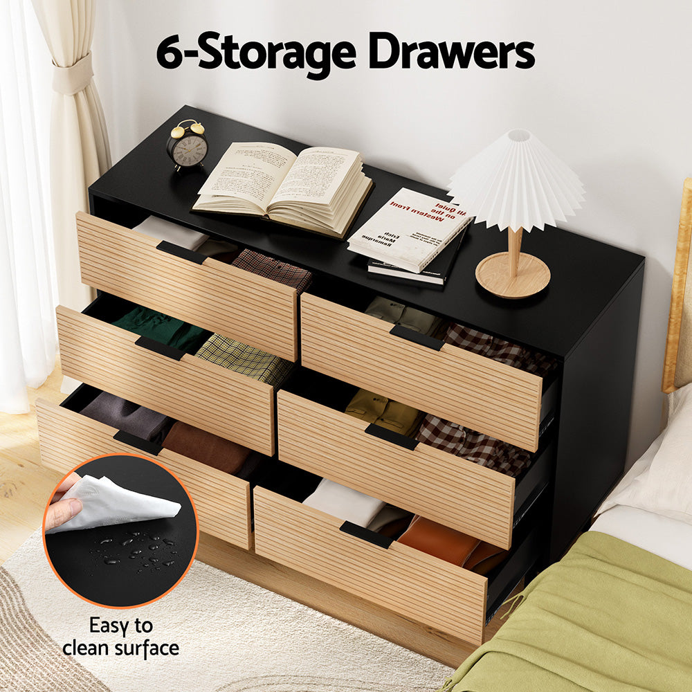 Fluted 6-Drawer Lowboy Dresser – Scratch-Resistant Melamine | Metal Legs &amp; Handles | Black &amp; Pine - Greenora Living