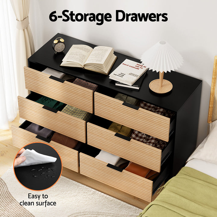 Fluted 6-Drawer Lowboy Dresser – Scratch-Resistant Melamine | Metal Legs &amp; Handles | Black &amp; Pine - Greenora Living