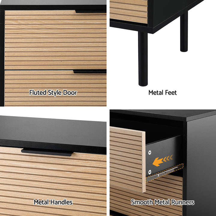 Fluted 6-Drawer Lowboy Dresser – Scratch-Resistant Melamine | Metal Legs &amp; Handles | Black &amp; Pine - Greenora Living