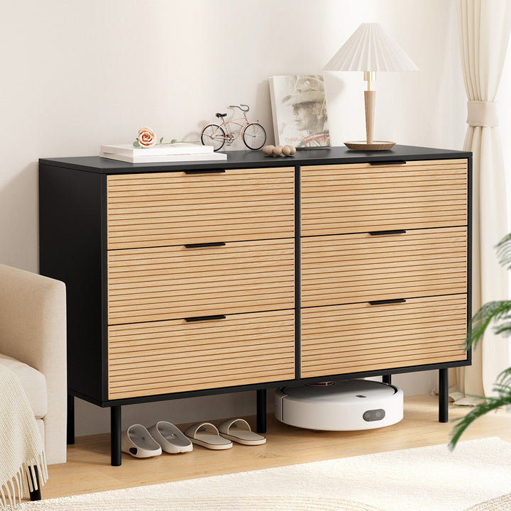 Fluted 6-Drawer Lowboy Dresser – Scratch-Resistant Melamine | Metal Legs &amp; Handles | Black &amp; Pine - Greenora Living
