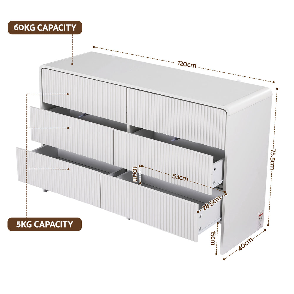 Beige Fluted 6-Drawer Dresser Cabinet with Push-to-Open Design - Greenora Living