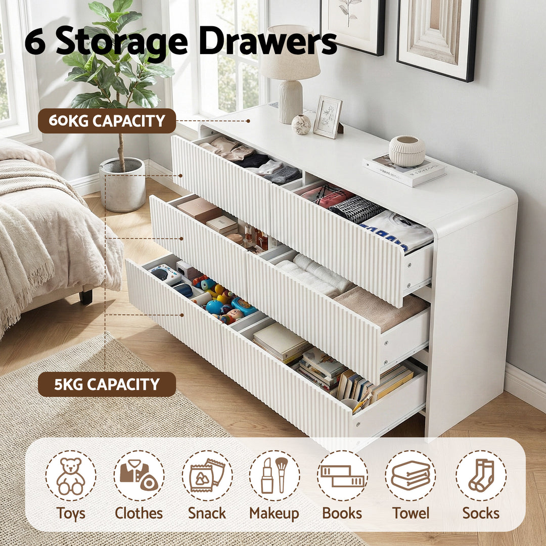 Beige Fluted 6-Drawer Dresser Cabinet with Push-to-Open Design - Greenora Living