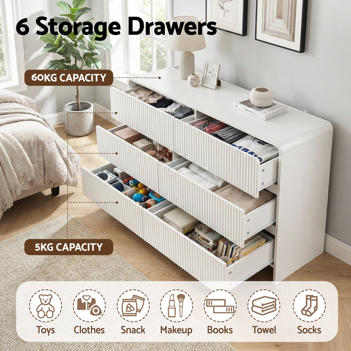 Beige Fluted 6-Drawer Dresser Cabinet with Push-to-Open Design - Greenora Living