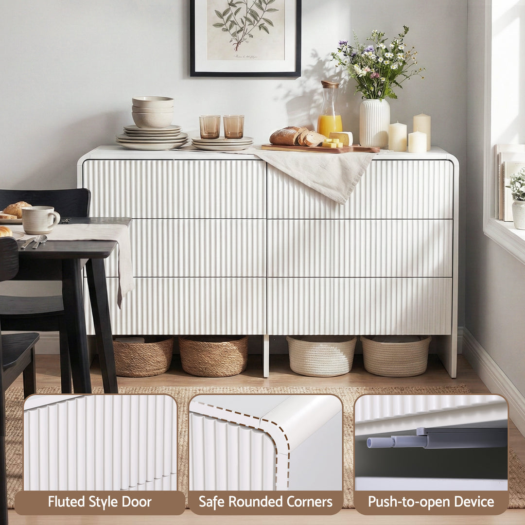 Beige Fluted 6-Drawer Dresser Cabinet with Push-to-Open Design - Greenora Living