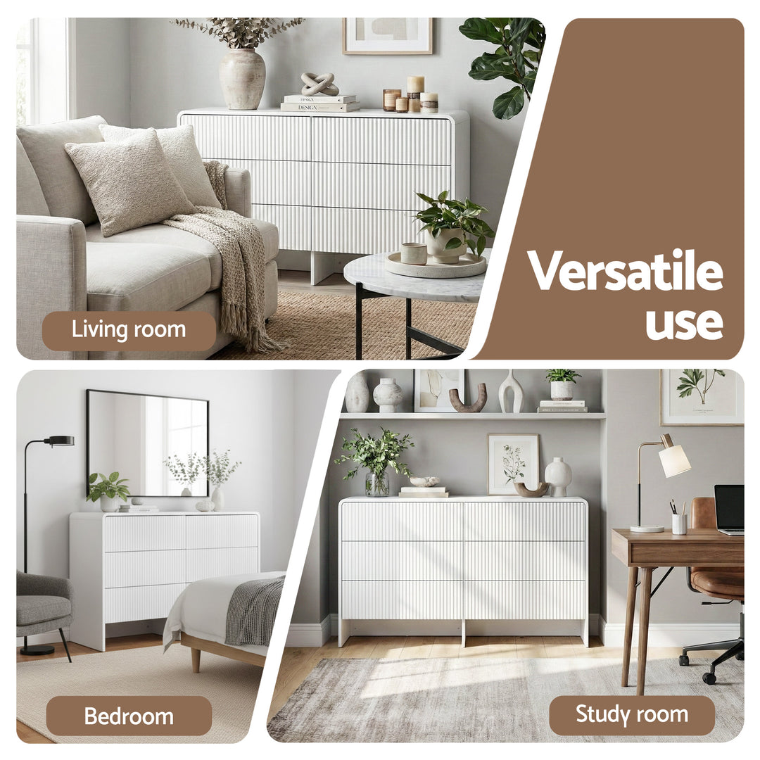 Beige Fluted 6-Drawer Dresser Cabinet with Push-to-Open Design - Greenora Living
