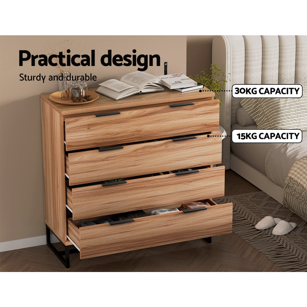 Contemporary 4-Drawer Tallboy Dresser – Rust Oak Finish | Anti-Rust Runners | Particle Board - Greenora Living