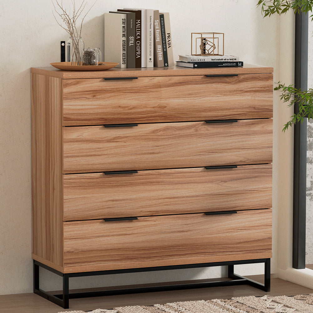 Contemporary 4-Drawer Tallboy Dresser – Rust Oak Finish | Anti-Rust Runners | Particle Board - Greenora Living