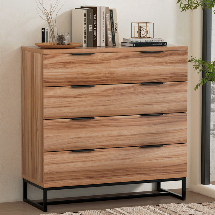 Contemporary 4-Drawer Tallboy Dresser – Rust Oak Finish | Anti-Rust Runners | Particle Board - Greenora Living