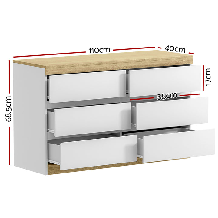 Contemporary 6-Drawer Tallboy Dresser – Two-Tone White &amp; Oak | Anti-Rust Runners - Greenora Living