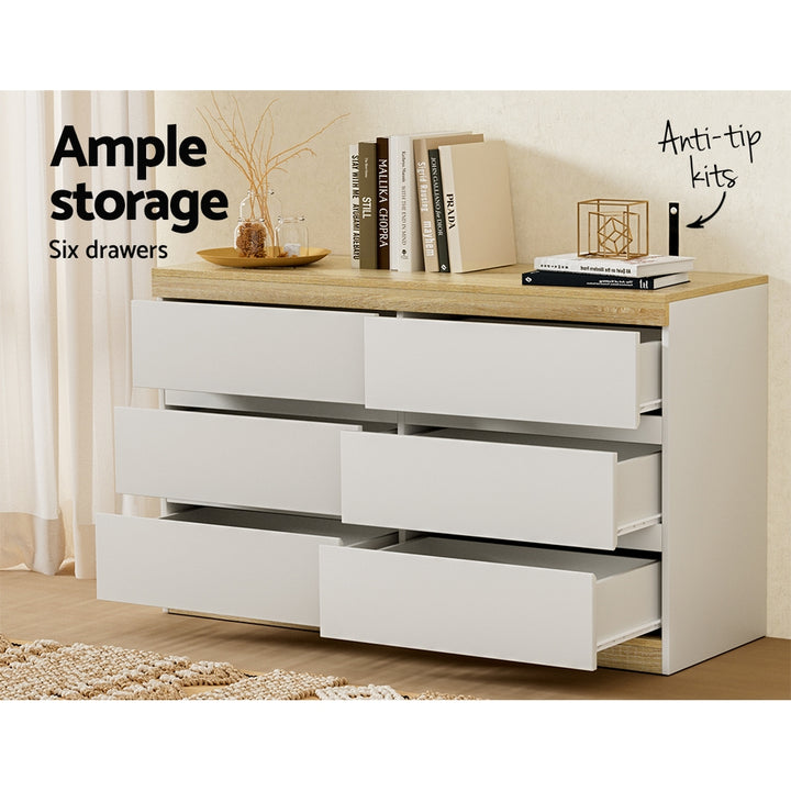 Contemporary 6-Drawer Tallboy Dresser – Two-Tone White &amp; Oak | Anti-Rust Runners - Greenora Living