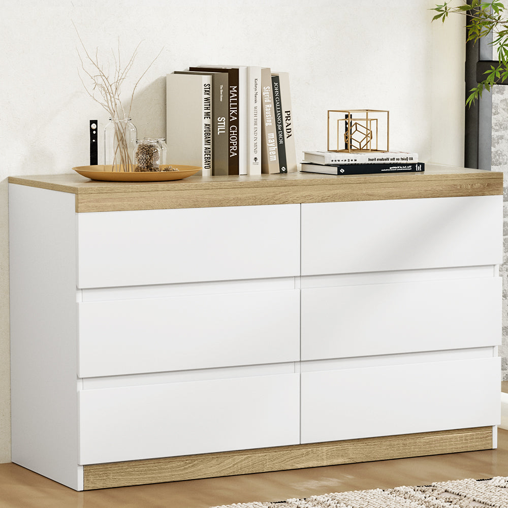 Contemporary 6-Drawer Tallboy Dresser – Two-Tone White & Oak | Anti-Rust Runners - Greenora Living