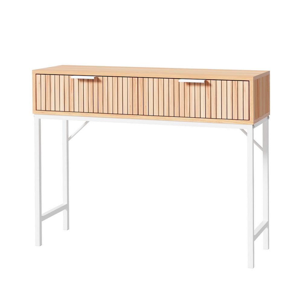 Groove Pine Console Table – Fluted Front, 2 Drawers, Metal Legs &amp; Wall Attachment | MDF Melamine | 92cm - Greenora Living