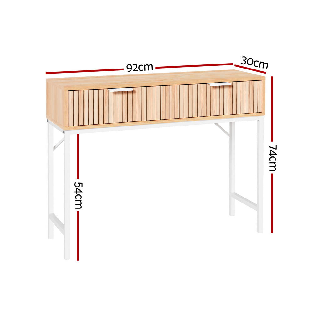 Groove Pine Console Table – Fluted Front, 2 Drawers, Metal Legs &amp; Wall Attachment | MDF Melamine | 92cm - Greenora Living