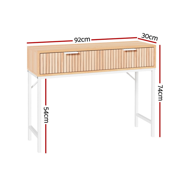 Groove Pine Console Table – Fluted Front, 2 Drawers, Metal Legs &amp; Wall Attachment | MDF Melamine | 92cm - Greenora Living