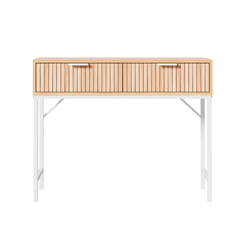 Groove Pine Console Table – Fluted Front, 2 Drawers, Metal Legs &amp; Wall Attachment | MDF Melamine | 92cm - Greenora Living