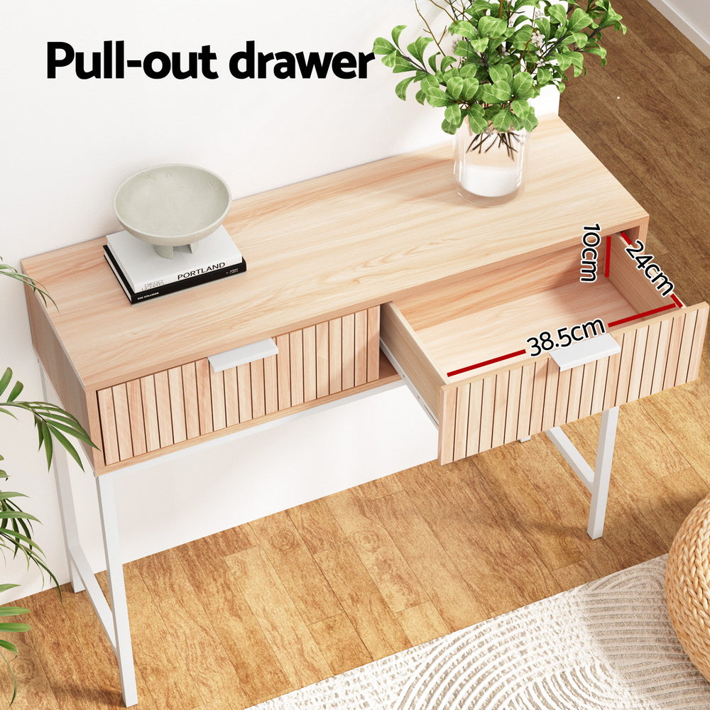 Groove Pine Console Table – Fluted Front, 2 Drawers, Metal Legs &amp; Wall Attachment | MDF Melamine | 92cm - Greenora Living