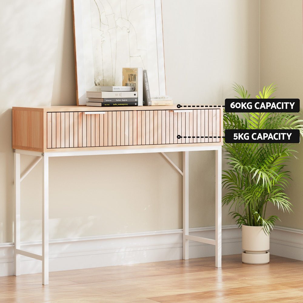 Groove Pine Console Table | Fluted MDF, 2 Drawers & Metal Legs | Greenora Living Australia