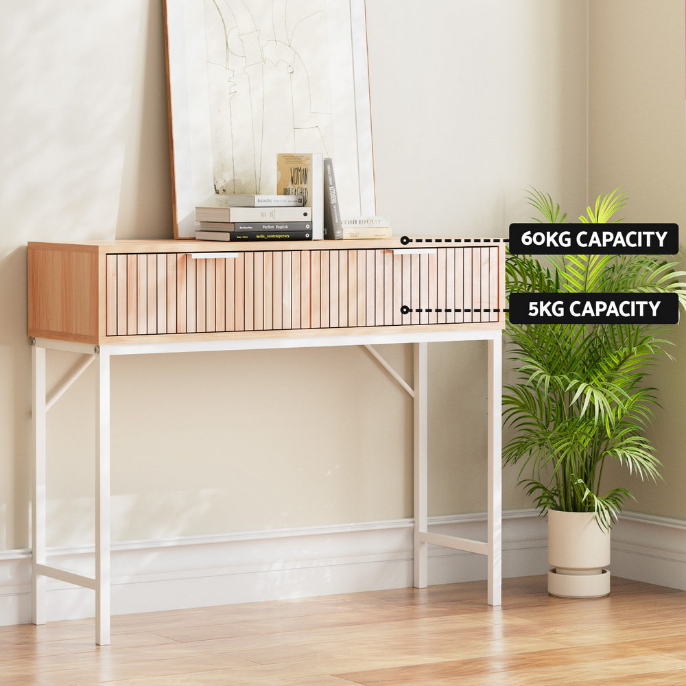 Groove Pine Console Table – Fluted Front, 2 Drawers, Metal Legs &amp; Wall Attachment | MDF Melamine | 92cm - Greenora Living