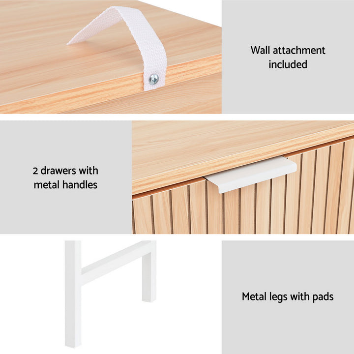 Groove Pine Console Table – Fluted Front, 2 Drawers, Metal Legs &amp; Wall Attachment | MDF Melamine | 92cm - Greenora Living