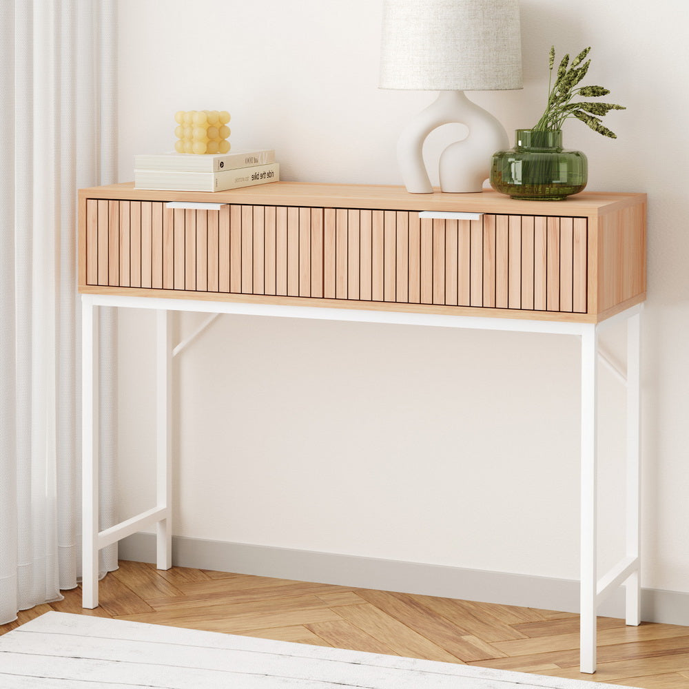 Groove Pine Console Table – Fluted Front, 2 Drawers, Metal Legs & Wall Attachment | MDF Melamine | 92cm - Greenora Living
