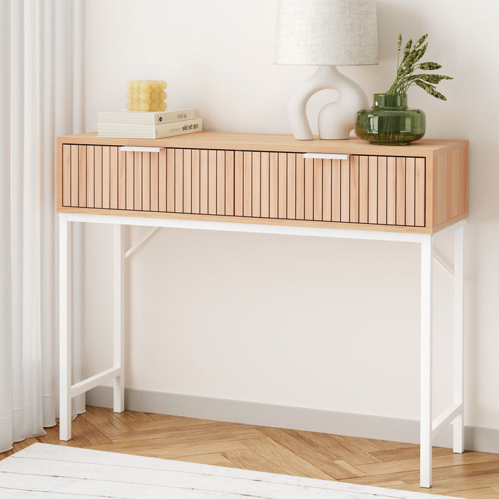 Groove Pine Console Table – Fluted Front, 2 Drawers, Metal Legs &amp; Wall Attachment | MDF Melamine | 92cm - Greenora Living