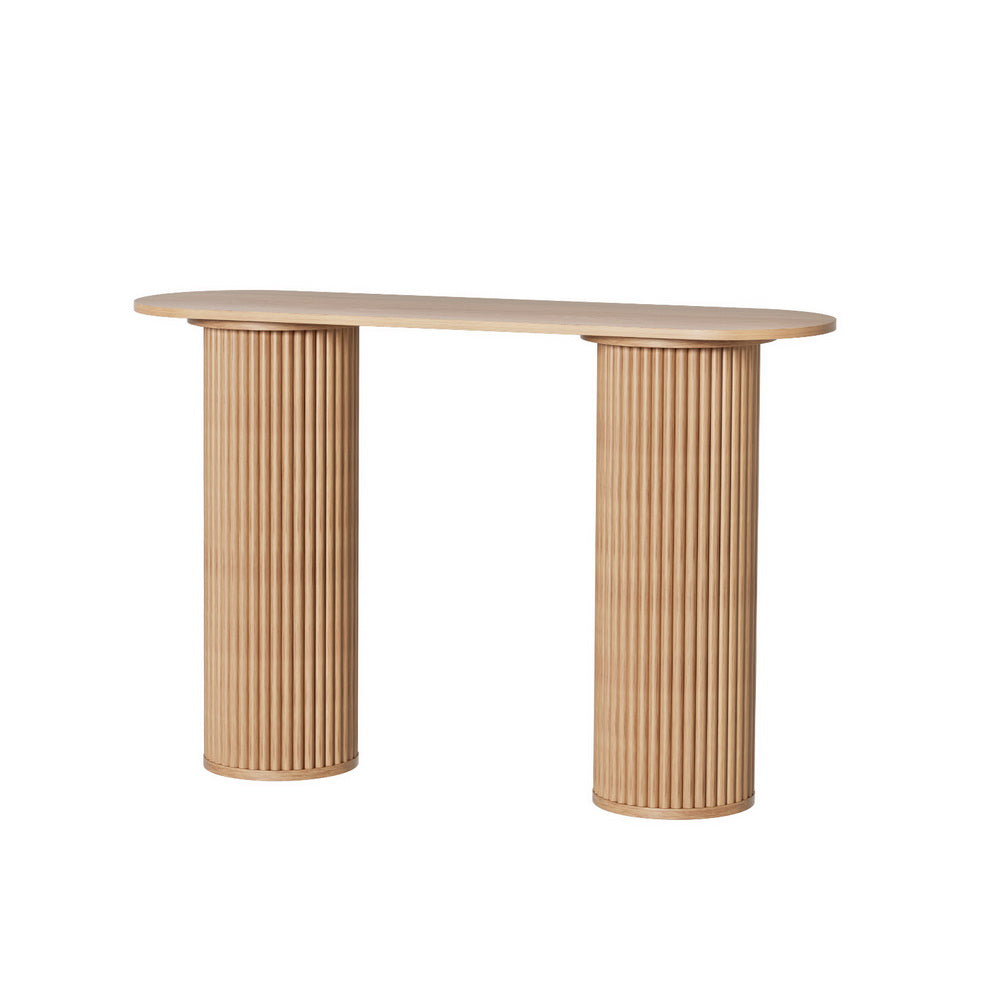 Blake Console Table – Oval Tabletop, Fluted Paulownia Wood Base &amp; Ash Veneer Finish | 50kg | 115cm | Pine - Greenora Living
