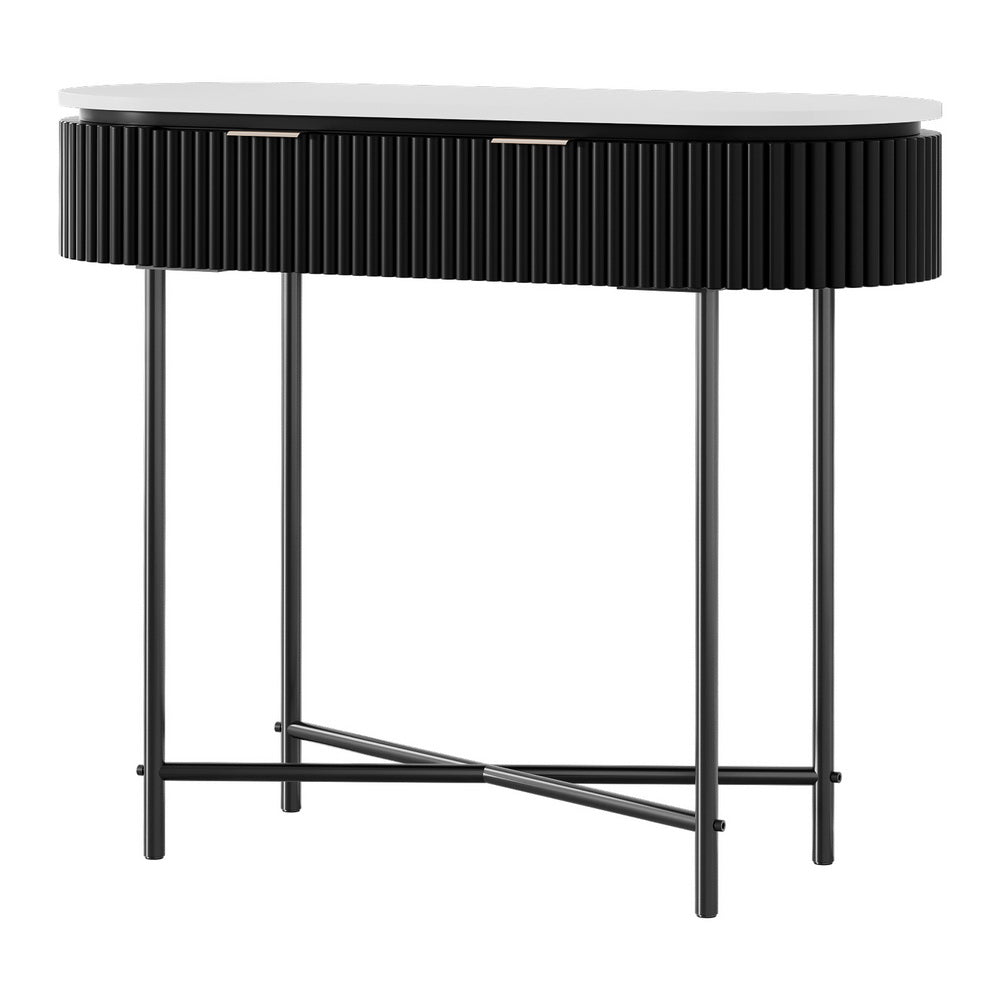 Reedline Console Table – Reeded Paulownia Wood Front, 2 Drawers &amp; Metal Base | 100cm | White &amp; Black - Greenora Living