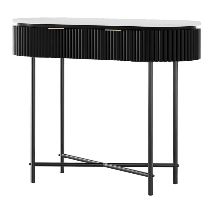Reedline Console Table – Reeded Paulownia Wood Front, 2 Drawers &amp; Metal Base | 100cm | White &amp; Black - Greenora Living