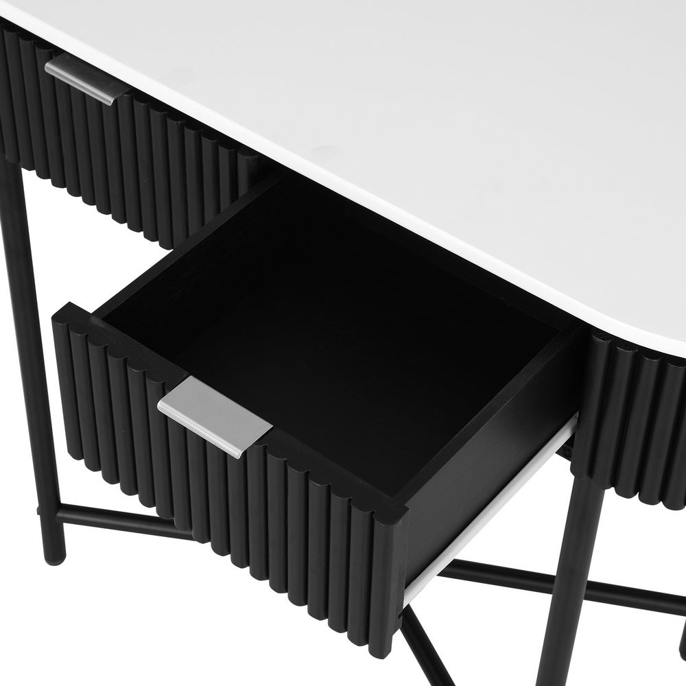 Reedline Console Table – Reeded Paulownia Wood Front, 2 Drawers &amp; Metal Base | 100cm | White &amp; Black - Greenora Living