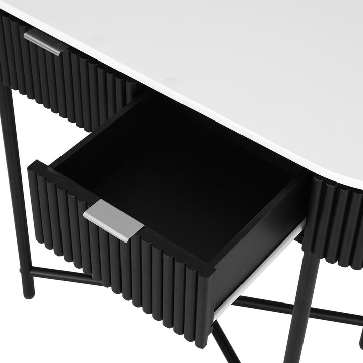 Reedline Console Table – Reeded Paulownia Wood Front, 2 Drawers &amp; Metal Base | 100cm | White &amp; Black - Greenora Living