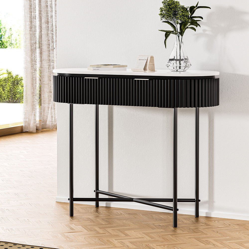 Reedline Console Table | 100cm, Reeded Paulownia Front, 2 Drawers & Metal Base | Greenora Living Australia