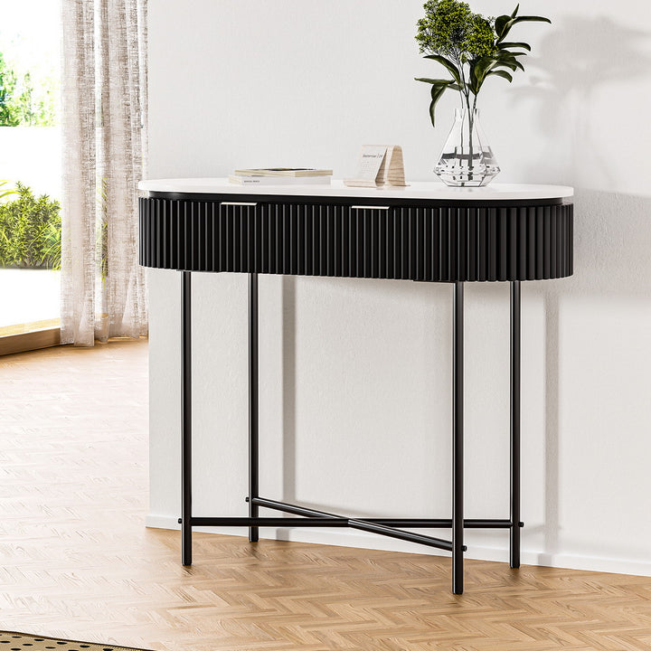 Reedline Console Table – Reeded Paulownia Wood Front, 2 Drawers &amp; Metal Base | 100cm | White &amp; Black - Greenora Living