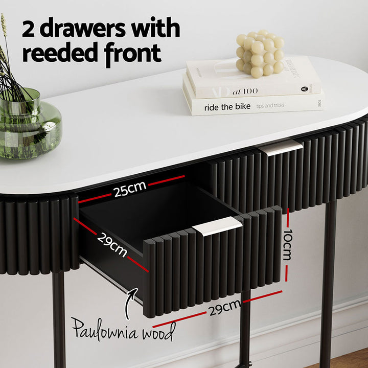 Reedline Console Table – Reeded Paulownia Wood Front, 2 Drawers &amp; Metal Base | 100cm | White &amp; Black - Greenora Living