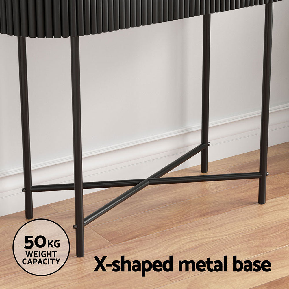 Reedline Console Table – Reeded Paulownia Wood Front, 2 Drawers &amp; Metal Base | 100cm | White &amp; Black - Greenora Living